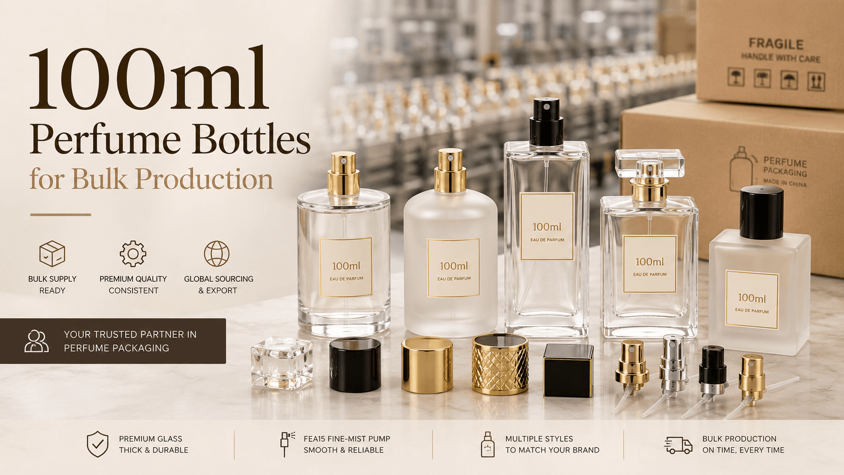 100ml glass perfume bottles with pumps and caps prepared for bulk fragrance production