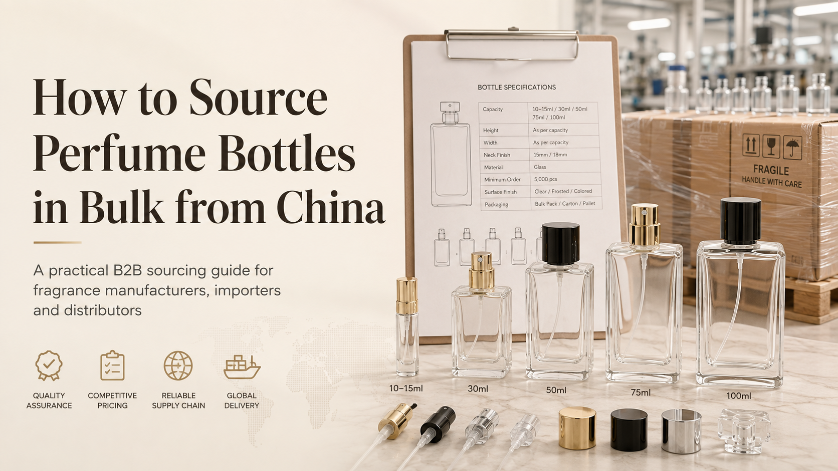Glass perfume bottles, pumps and caps prepared for bulk sourcing from China